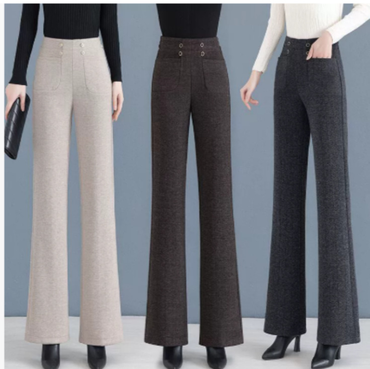 Wool Straight-Leg Pants for Women, Autumn and Winter, Fleece-Lined, 2025 New High-Waisted, Fashionable, Stylish, Casual, Slimming, Flared Pants