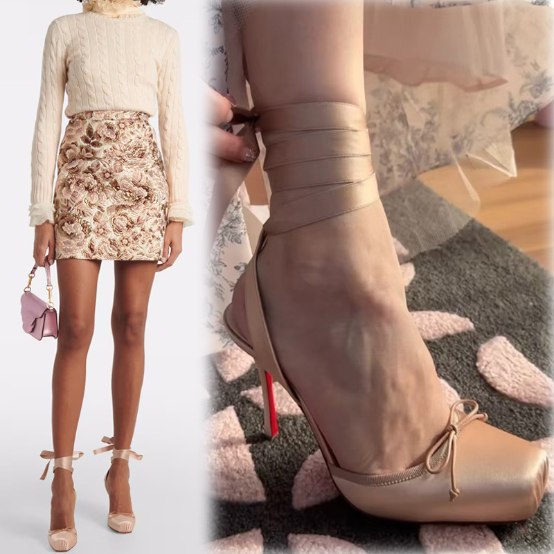 New Square Toe Silk Satin Bow Strap High Heel Sandals French Ballet Toe Red Bottom Roman Women's Shoes