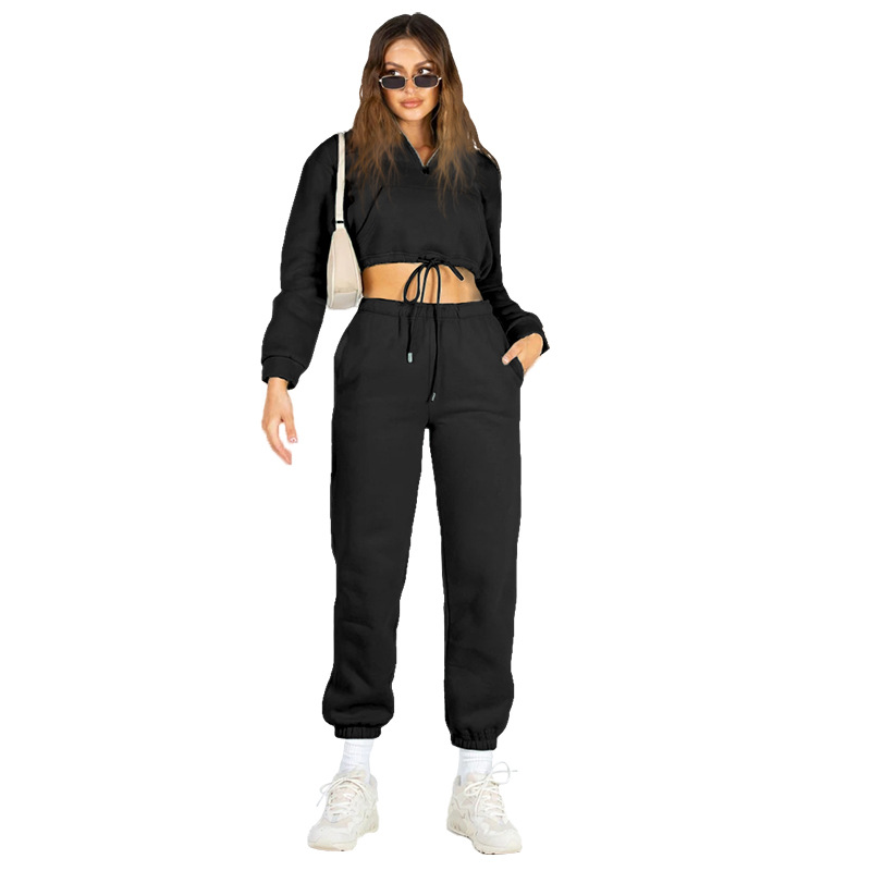 Women's Clothing 2024 autumn and winter solid color stand up collar zipper drawstring navel baring plus velvet sweatshirt casual sweatpants suit_voghion.com