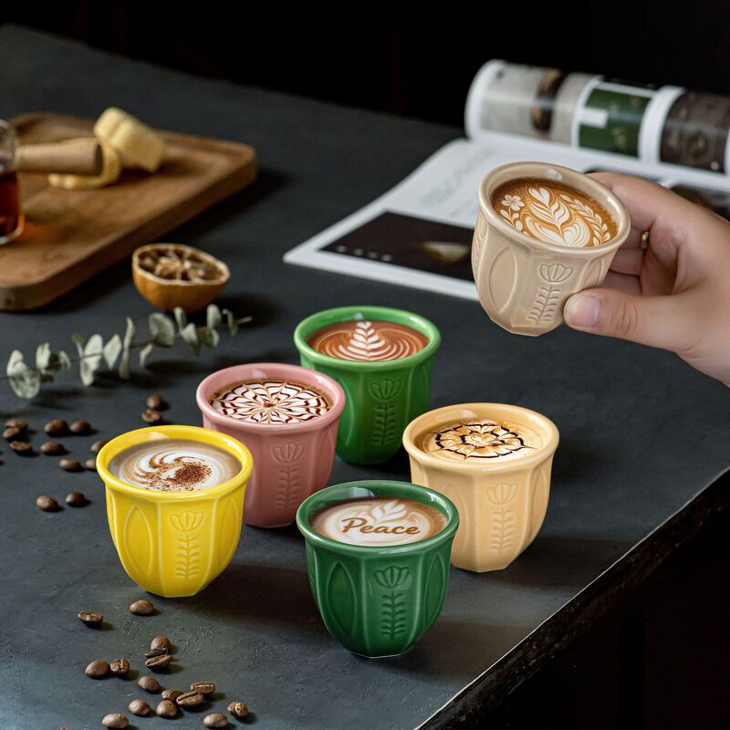 Fcm Middle East 100ml Six-Piece Set of Multi-Colored Embossed Tulip Arabic Ceramic Flower Tea Cups and Coffee Cups Wholesale in Stock Fcm Middle East 100ml Six-Piece Set of Multi-Colored Embossed Tulip Arabic Ceramic Flower Tea Cups and Coffee Cups Wholesale in Stock