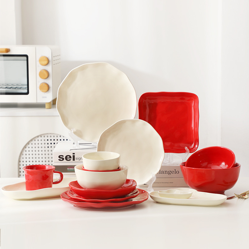 Amazon Scandinavian Creative Home 2025 New Underglaze Color Hand-Kneaded Ceramic Bowl and Plate Tableware Combination Set