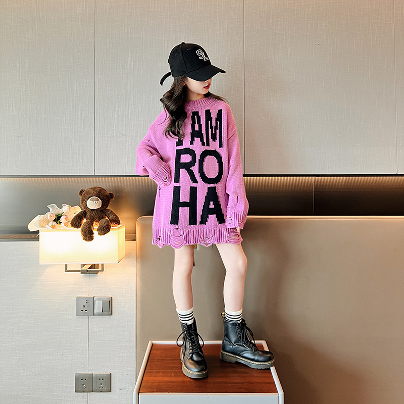 Girls' Ripped Sweater, Loose Fit, Autumn 2024, Versatile Letter Print, Mid-Length, Long Sleeve, Round Neck Knit Top