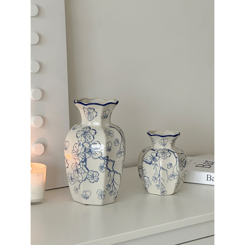 Nuevo jarrón de cerámica azul china nueva decoración de estilo chino sala de estar floral decoración de vestíbulo de estilo antiguo peonía floral