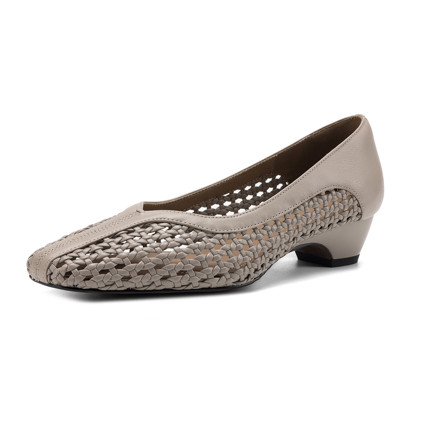 Giày sandal nữ mũi vuông gót thấp 3 cm da cừu hở bên — đen