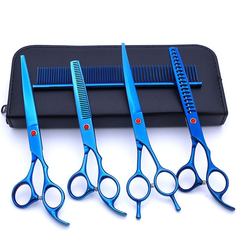 Fabricante de juegos de tijeras para mascotas, tijeras de peluquería canina al por mayor de 7 pulgadas, suministros morados para perros.