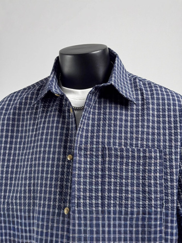 Japanese retro versatile plaid bubble fabric short-sleeve shirt for men and women, summer thin design-style grid
