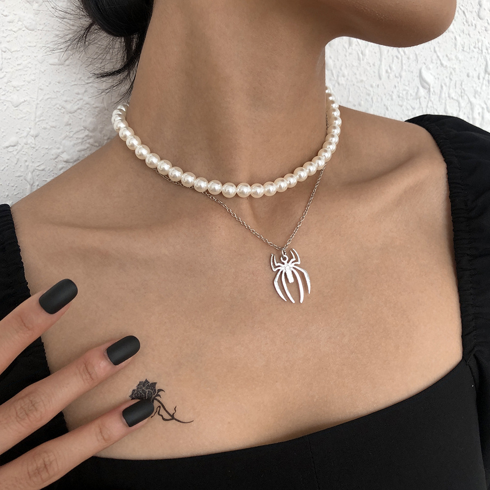 Fashion Pearl White Halloween Pearl Spider Double Necklace