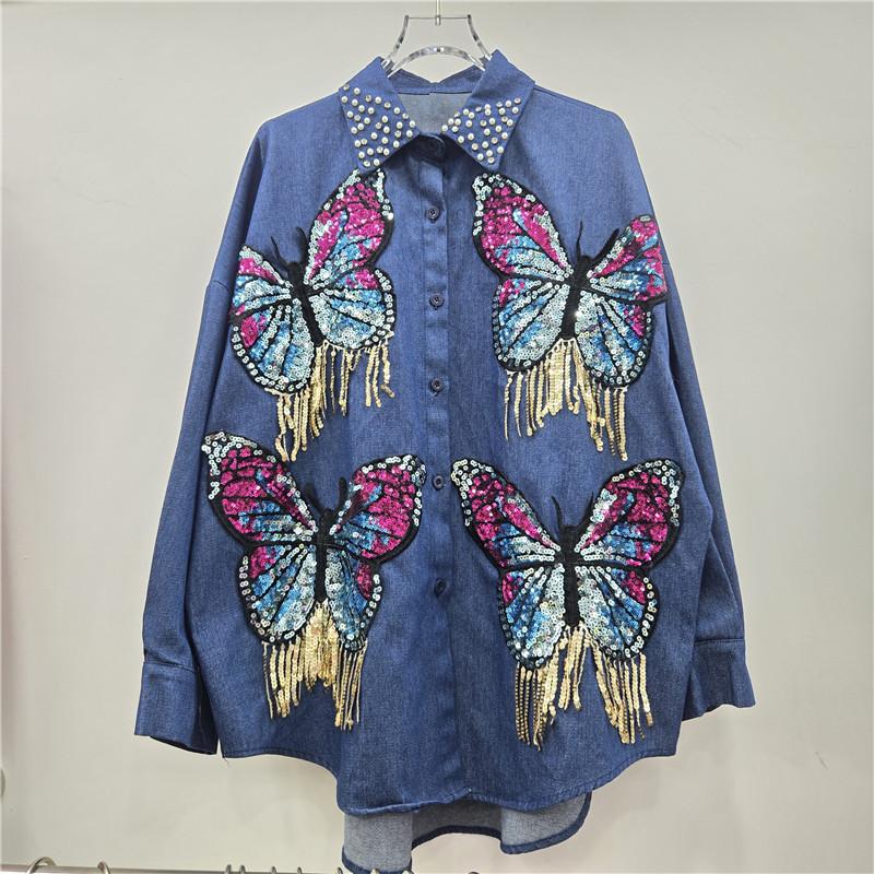 Trendy Autumn and Winter New Heavy Beaded Tassel Colorful Sequin Three-Dimensional Bow Loose Versatile Women's Denim Shirt