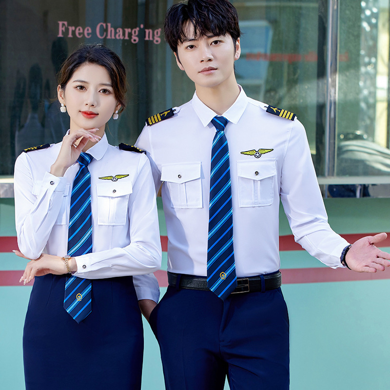 Business Wear Men's and Women's Navy Shirts Aviation Pilots Stewardess Uniform Pilots Flight Attendants Long Sleeve Shirts