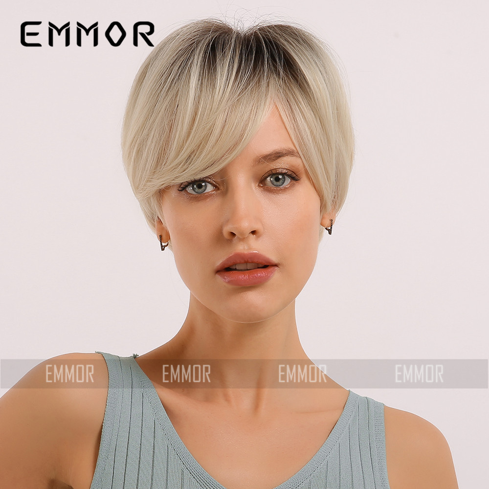 Emmor Amazon Comercio exterior europeo y americano peluca pelucas negro gradiente oro pelo recto Pelo Corto fibra química Peluca de las mujeres