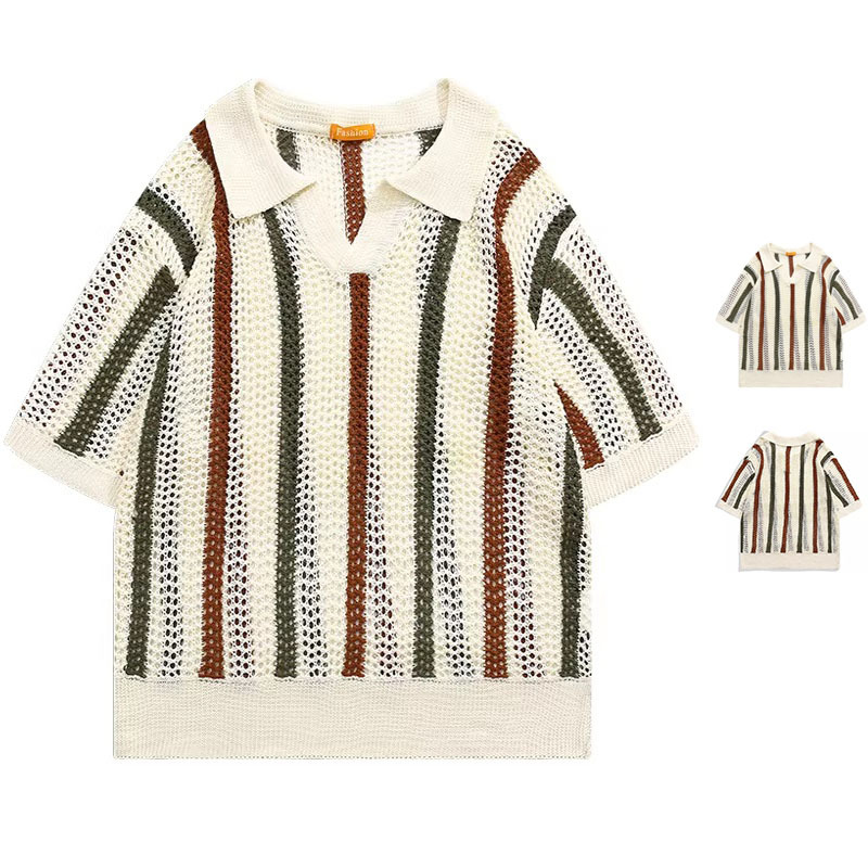 Polo camiseta de punto camiseta de manga corta camiseta hombre gaviota cuello V rayas viejas líneas de viento de verano fábrica transfronteriza al por mayor