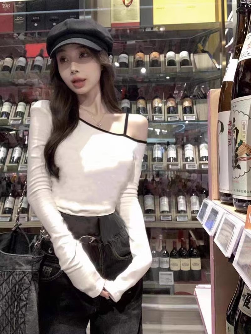 스파이스 걸스 긴팔 티셔츠 여성용 봄과 가을 슬림 핏 디자인 틈새 스파이스 걸스베이스 셔츠 흑백 대비 컬러 탑