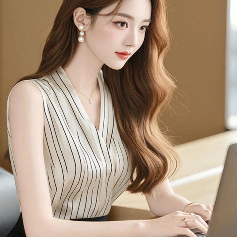 French-Style Mature V-Neck Striped Chiffon Shirt for Women, Unique and Chic Sleeveless Top for Summer French-Style Mature V-Neck Striped Chiffon Shirt for Women, Unique and Chic Sleeveless Top for Summer