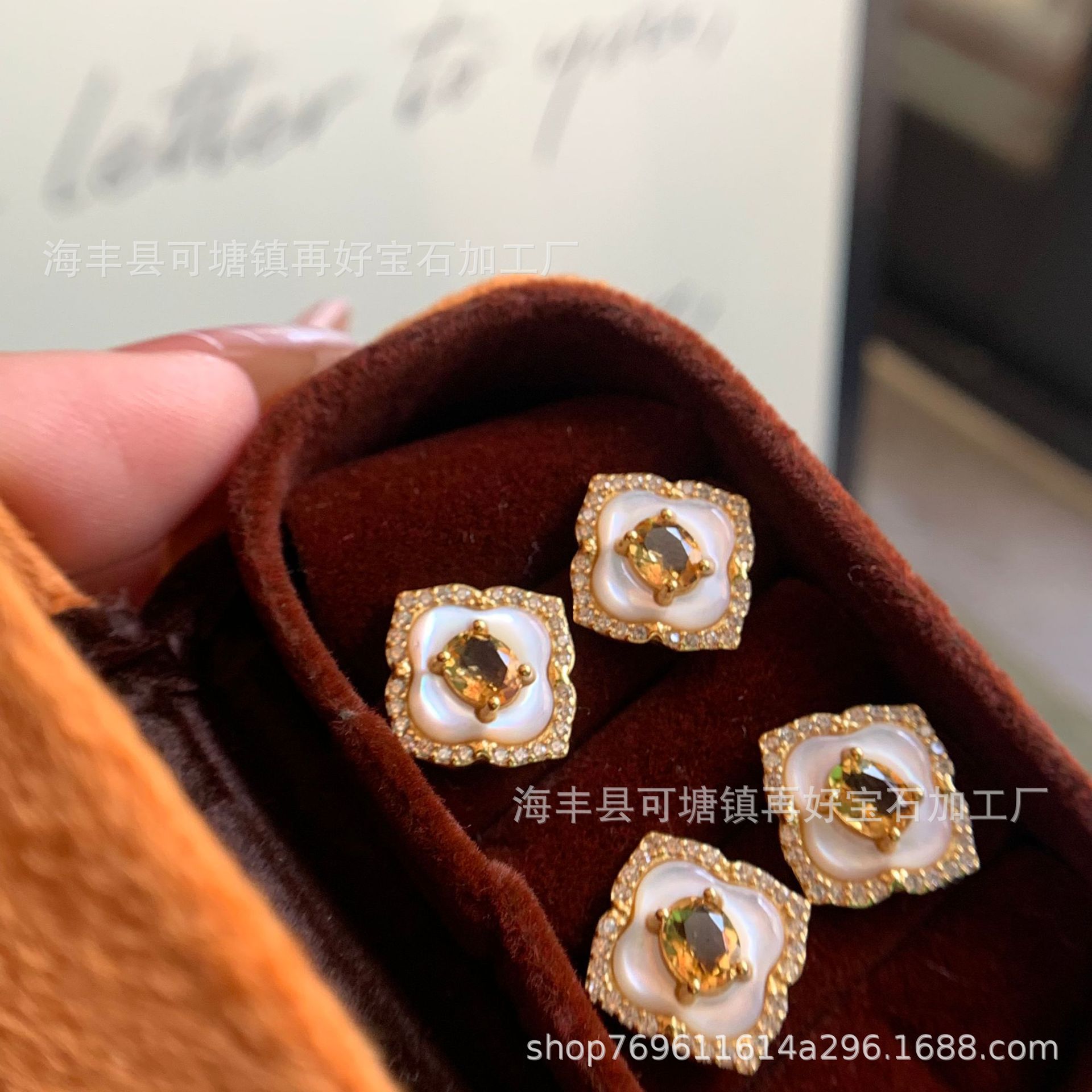 天然黄水晶石榴石耳钉S925银镶嵌贝母宫廷风复古耳饰饰品批发