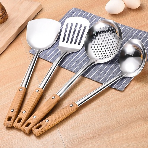 Stainless steel home wooden handle wok spatula cooking spoon soup spoon colander kitchen cooking pan spatula utensil set