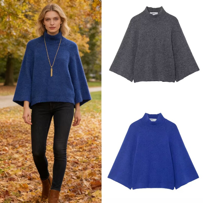 Foreign Trade Wholesale 2025 Autumn and Winter New Women's Solid Color Loose Pullover Wide-Sleeve Knit Sweater Top with Half-High Collar