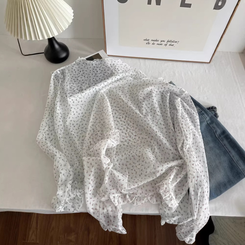 Korean-Style Sweet Ruffled Floral Half-High Collar Long-Sleeve Lace Blouse for Women 2026 Fashionable Layered Sheer Top 7013