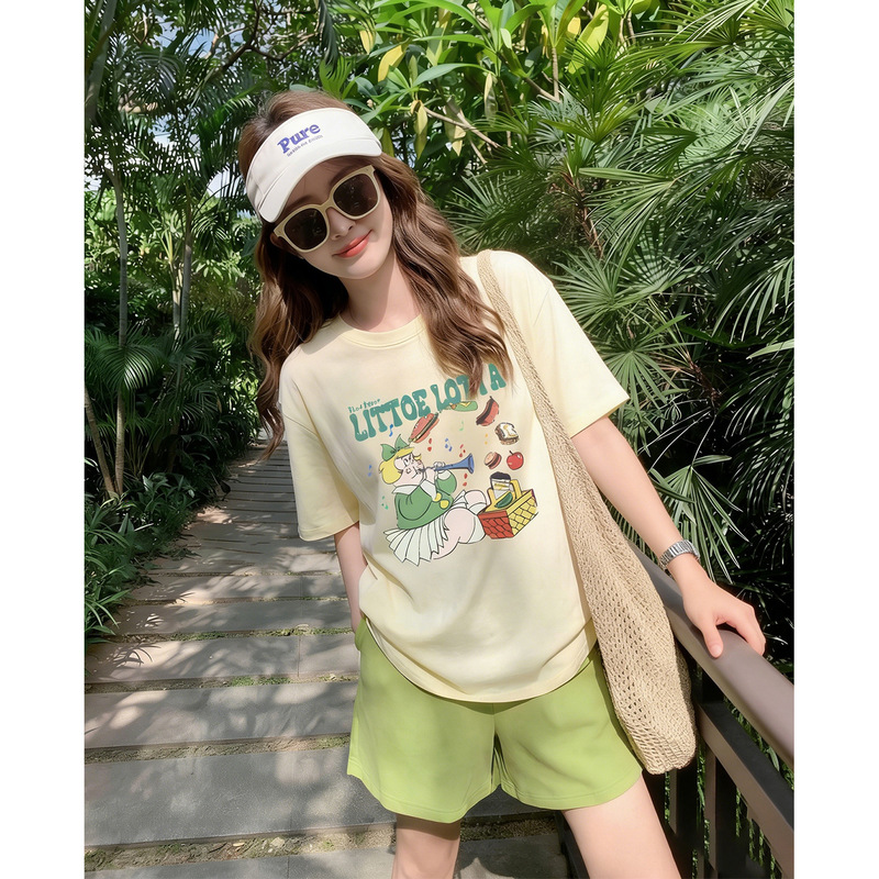 Maternity Wear Korean Style Cartoon Pattern Letter Print Short-Sleeved T-Shirt Set Summer Casual Loose Versatile Cute Top