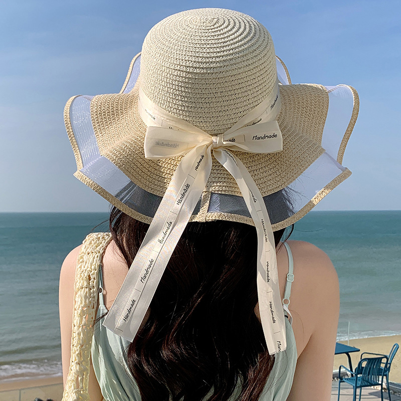 Sombrero de paja con lazo – estilo veraniego, ala ancha, para playa o vacaciones al aire libre