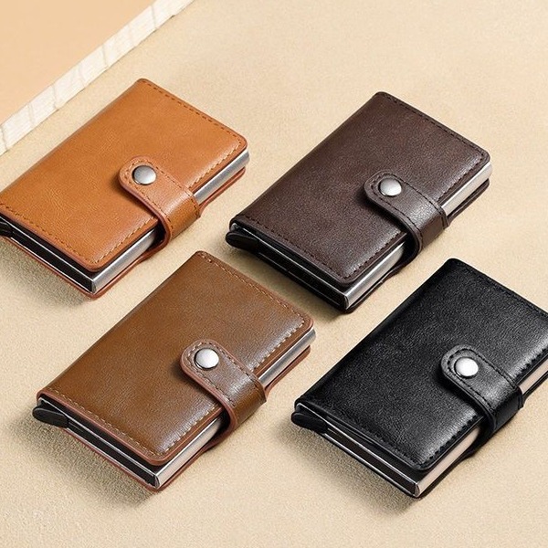 2024 nuevo cepillo antirrobo RFID titular de la tarjeta de cuero de aluminio automático pop-up titular de la tarjeta billetera de dos en uno de almacenamiento