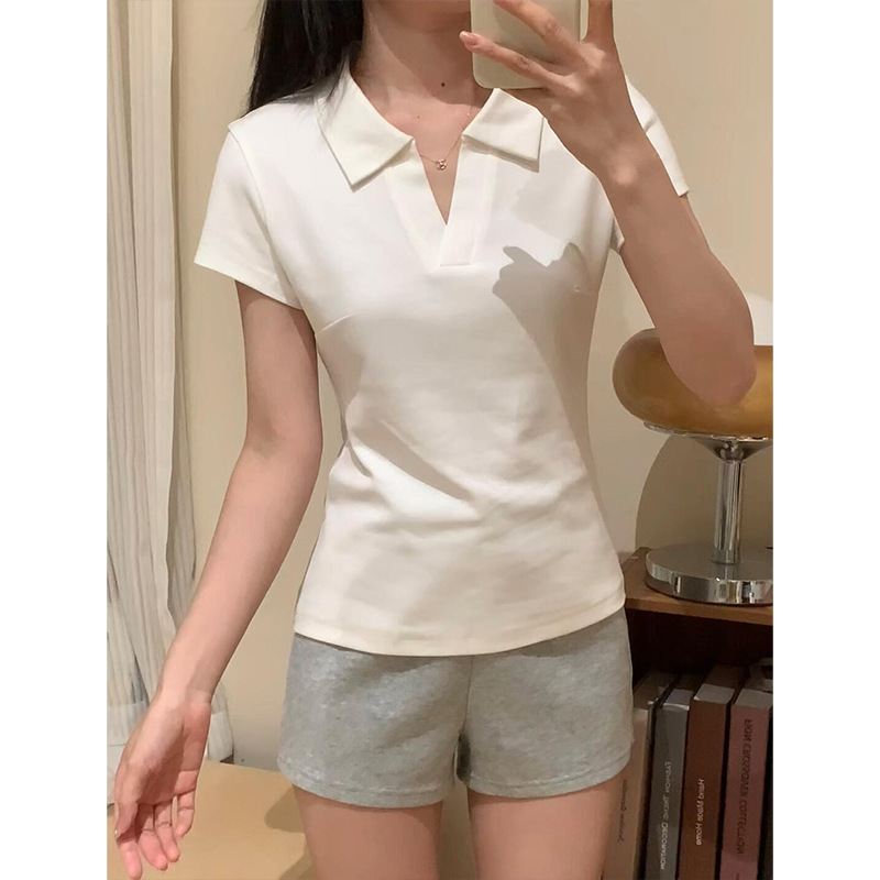 ブルーポロカラーショルダー半袖Tシャツ女性用2025新しい純綿スリムウエスト半袖ラペルショートトップ|undefined