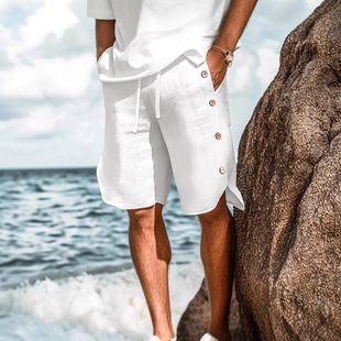 Men's New Shorts with Drawstring, Solid Color Beach Shorts, High-Quality Cotton, Summer Thin Loose Khaki with Pockets