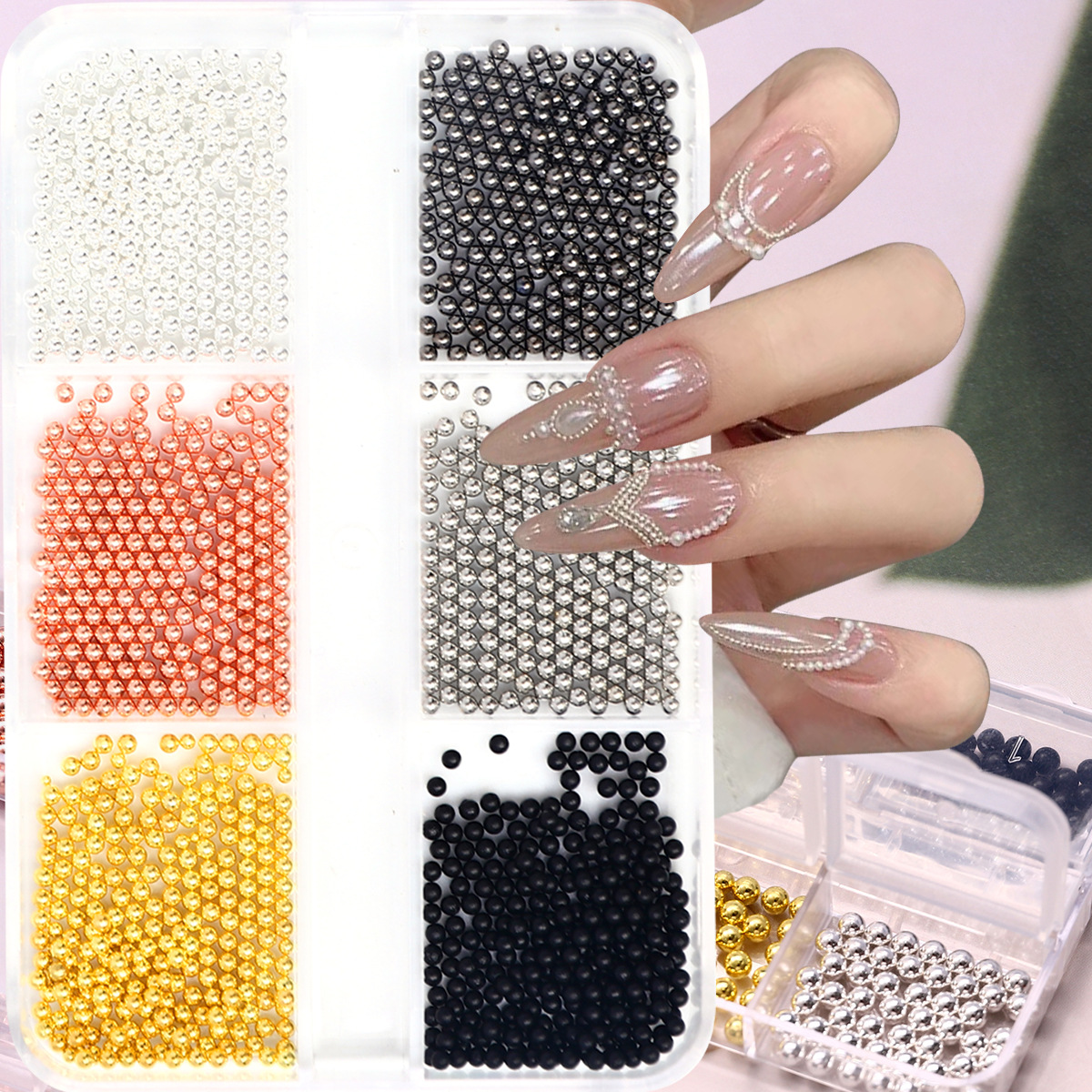 Accesorios de uñas transfronterizos al por mayor 6-grid nail aleación de acero cuentas oro plata tamaño mezclado decoraciones de uñas al por mayor