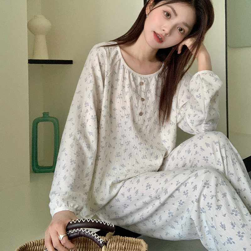 센다오 봄 새 가정복 여성 인쇄 간단한 둥근 목 긴 소매 꽃 탑 얇은 겉옷 파자마 세트