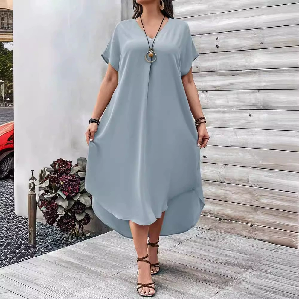 Платье летнее для отдыха, барахолка Amazon? - but we must avoid names of marketplaces like Amazon, Aliexpress, etc. The instruction says avoid names of marketplaces. The input includes Amazon and Aliexpress; we should translate but remove marketplace names. So translate: "Летнее платье для отдыха, европейский стиль, плюс размер, V-образный вырез" Without Amazon. Next: 