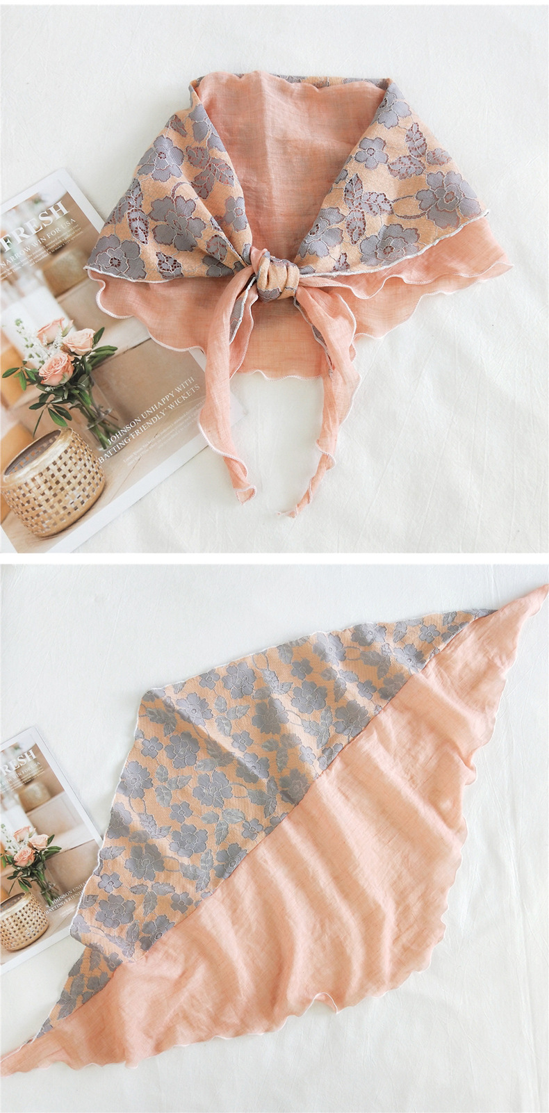 New Flower Triangle Stitching Cotton Scarf display picture 6