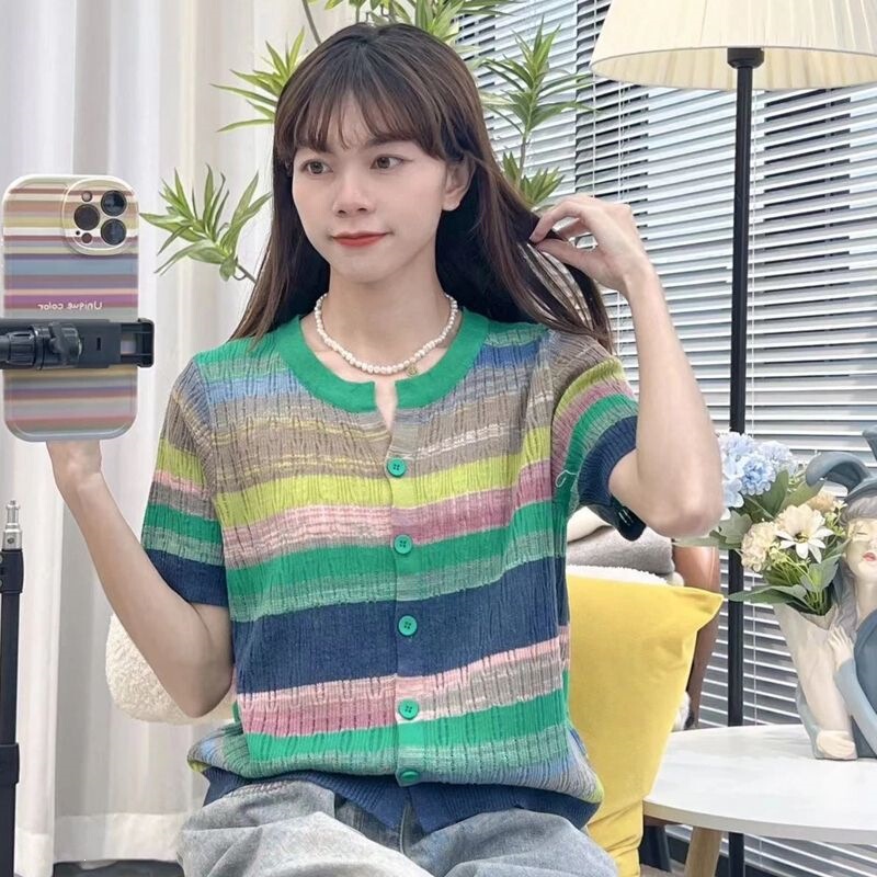 Lightweight Rainbow Striped Knit Top with Hollow-Out Design, Short-Sleeve T-Shirt Cardigan for Women, New Summer Fashion, Stylish and Age-Reducing Lightweight Rainbow Striped Knit Top with Hollow-Out Design, Short-Sleeve T-Shirt Cardigan for Women, New Summer Fashion, Stylish and Age-Reducing