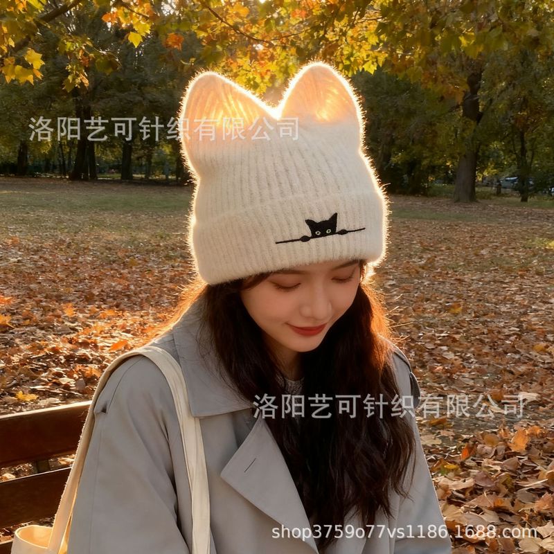 跨境新款猫咪耳朵针织帽刺绣毛线帽可爱秋冬保暖套头帽子外贸冷帽|undefined