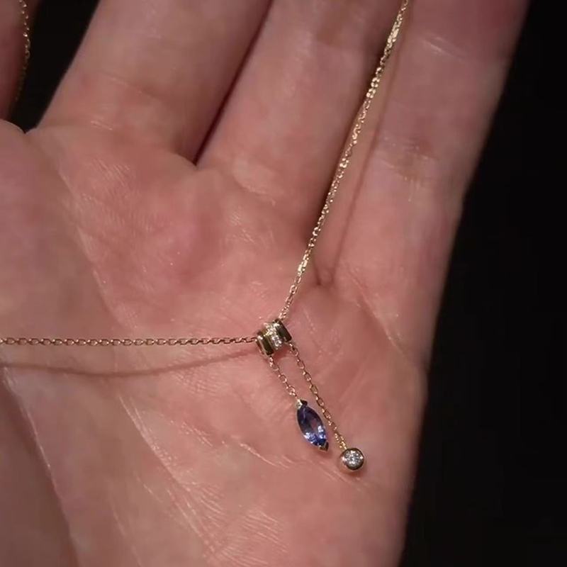 S925纯银紫蓝色水滴锆石项链复古精致轻奢泡泡钻极细轻奢锁骨链|undefined