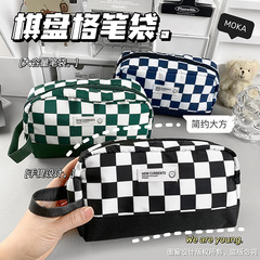 New Ins-style classic milk print black and white checkered pen bag large capacity student storage bag grid pencil case