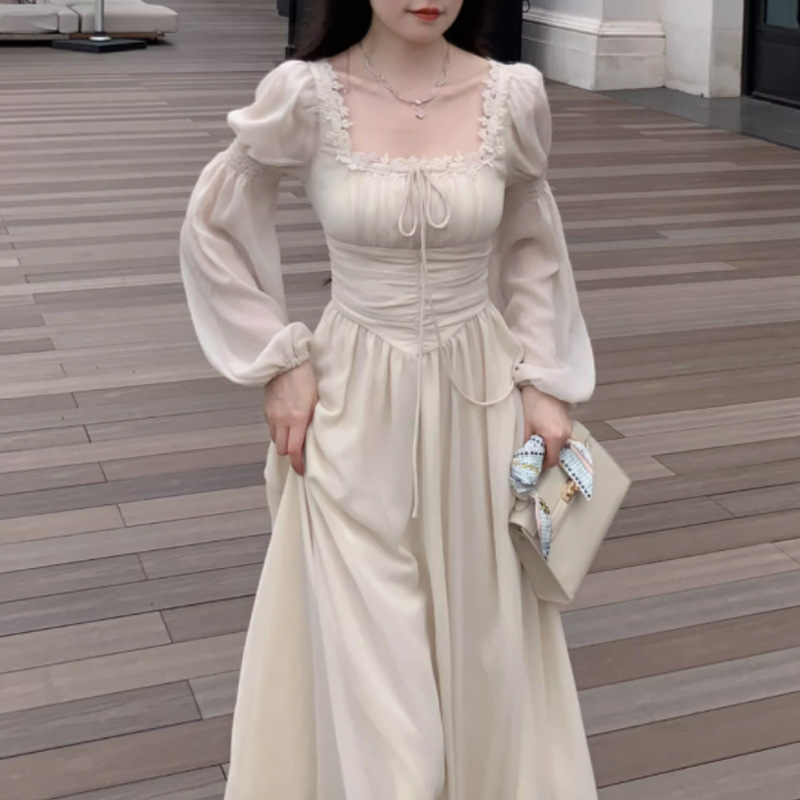 SU YIN MO LAIFA 스타일 긴 원피스 우아한 광장 칼라 쉬폰 긴 소매 요정 스타일 원피스 여성의 초가을 높은 허리 긴 원피스