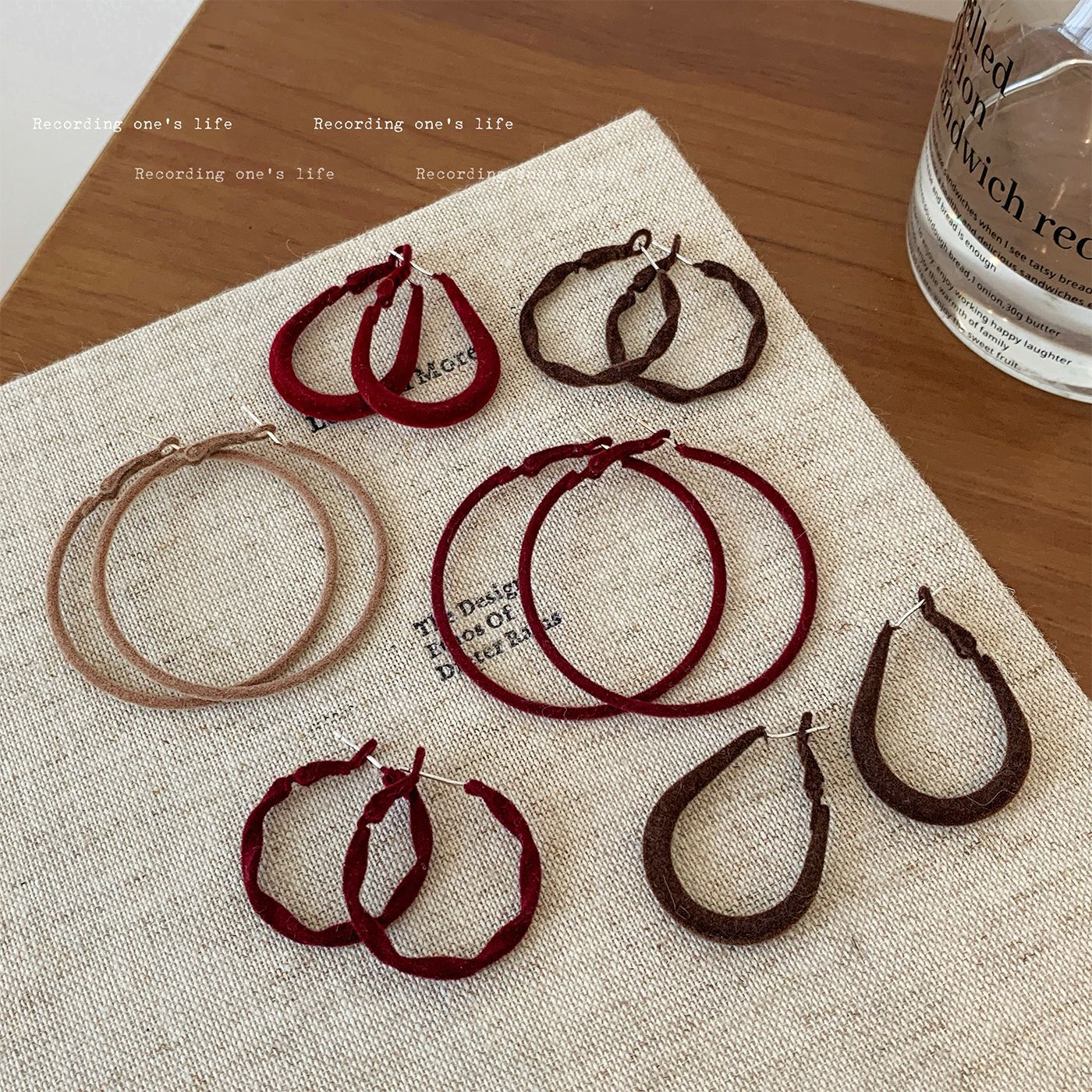 Autumn and Winter Copper Hoop Vintage Red Velvet Irregular Earrings for Women with Silver Needle, Fashionable, Unique, Exaggerated, Versatile Earrings Wholesale