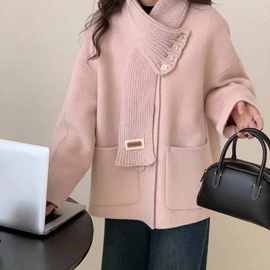 美拉德双面羊毛大衣2023冬韩系温柔粉色气质甜美围巾短款外套