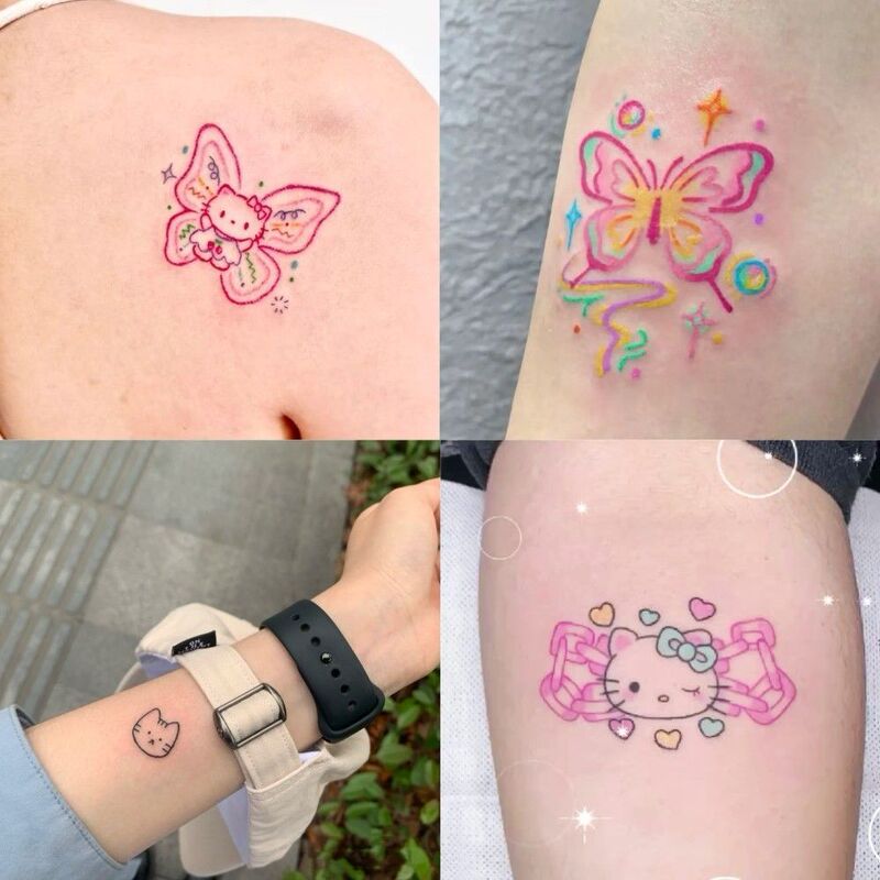 Cute Colorful Flower Girl Cat Tattoo Simple Bow Jelly Arm Waterproof Long-lasting Women's Wrist Cute Colorful Flower Girl Cat Tattoo Simple Bow Jelly Arm Waterproof Long-lasting Women's Wrist