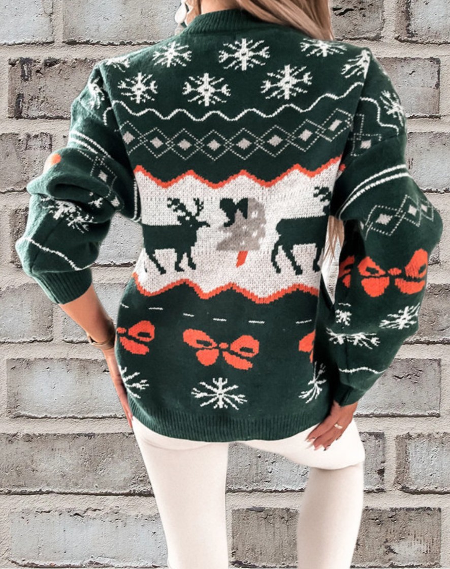 Maglione lavorato a maglia a maniche lunghe con scollo rotondo largo in jacquard natalizio da donna 2024_voghion.com