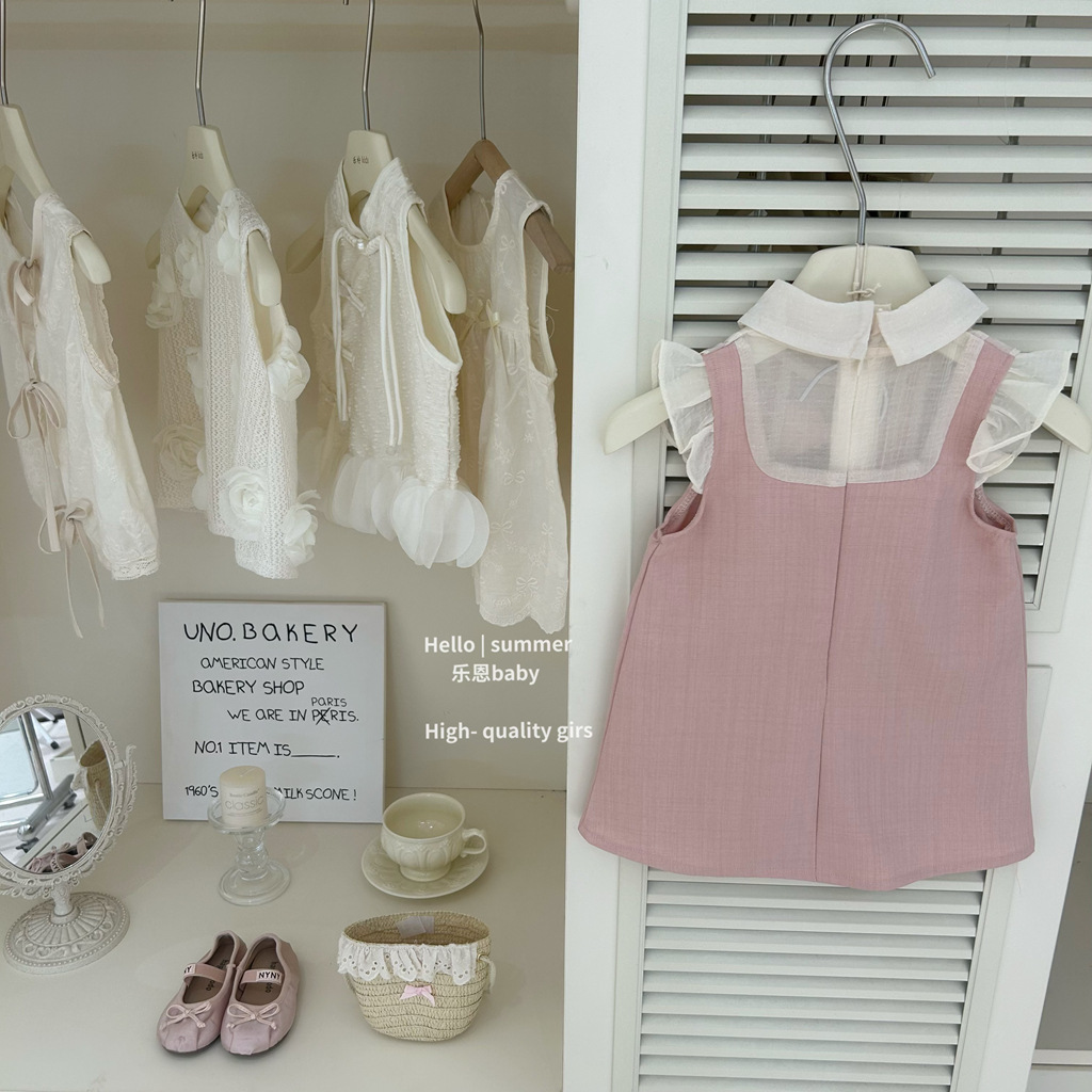 [Le En baby] Vestido de chaleco rosa de nuevo estilo de verano para niñas Vestido de malla de encaje de estilo occidental para bebés Xiaoxiang