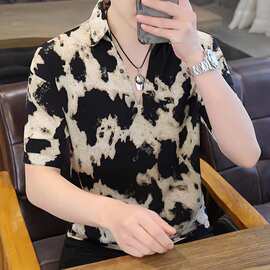 夏季V领短袖T恤男士韩版宽松青年印花POLO衫男款半袖冰丝休闲上衣