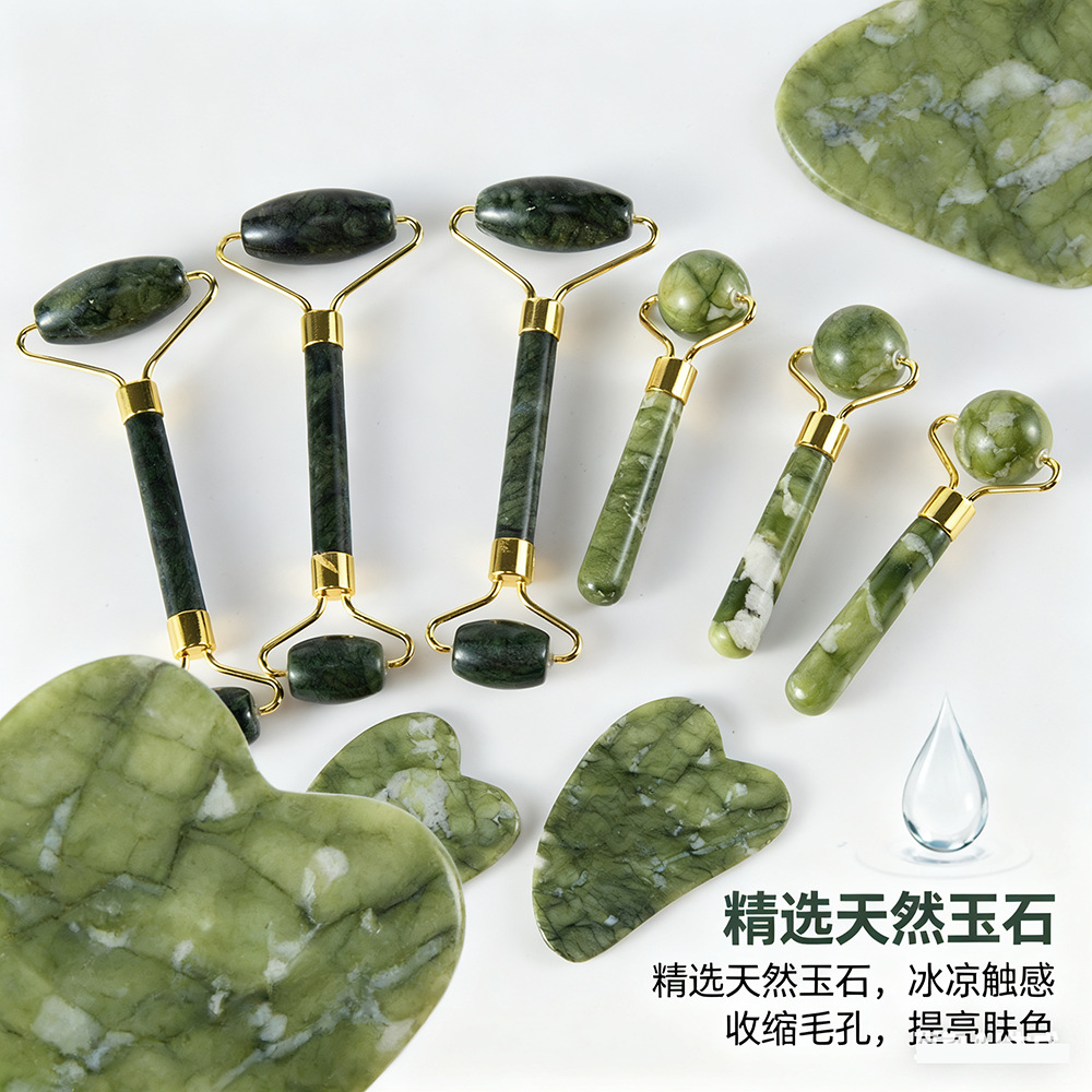 Juego de tres piezas de rodillo de jade natural y tabla de gua sha, dispositivo de belleza para masaje facial, lámina de gua sha facial, fabricante de rodillos de jade