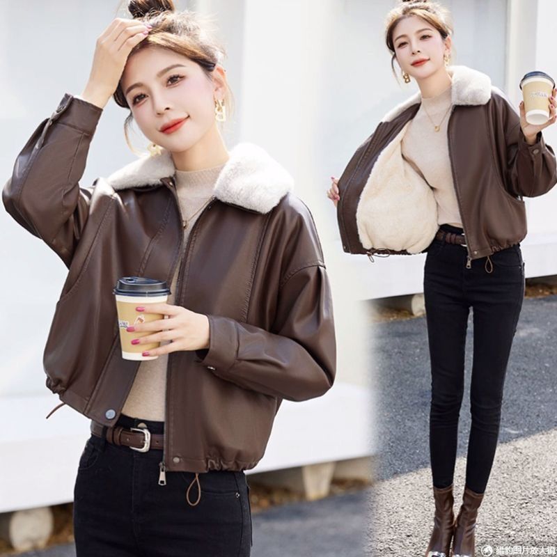 New Velvet Jacket, Popular Fur Collar Leather Jacket, Women's Short Motorcycle Jacket, Small Size 2025 Winter Loose