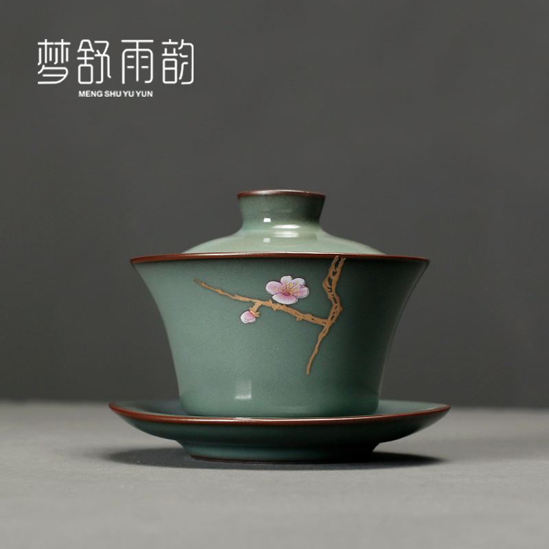 Horno oficial celadón pintado a mano para hacer té cubierta de tres piezas La apertura del Tazón puede elevar el hogar Juego de té de Kung Fu japonés tazón de té de cerámica individual