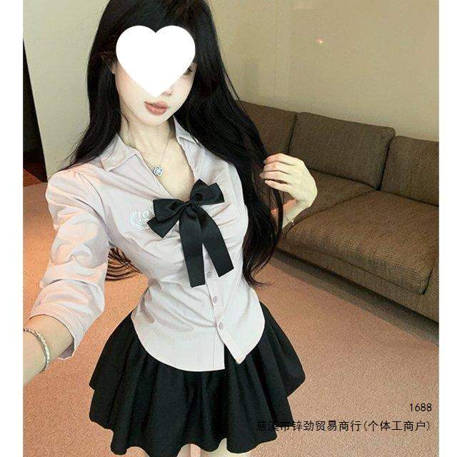 蝴蝶结褶皱衬衫两件套夏新款美式纯欲学院风甜辣裙jk制服时尚套装