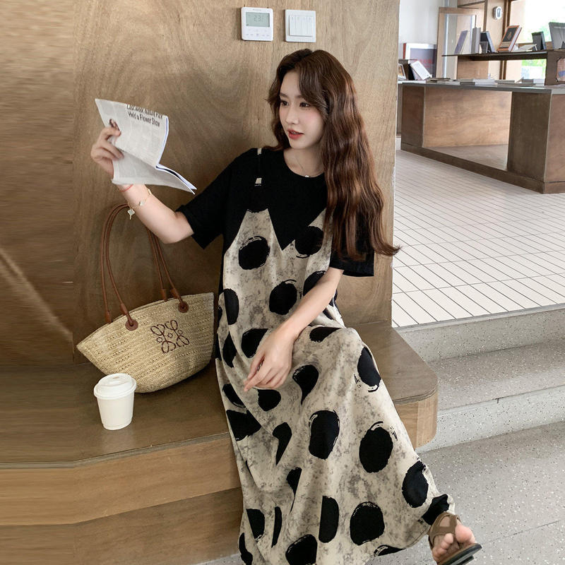 53191 # Designed with a Sense of Style, This Faux Two-Piece Polka Dot Dress for Women in Summer Features a French-Style Lazy Vibe and a Vintage Temperament, Combining a T-Shirt and Long Skirt