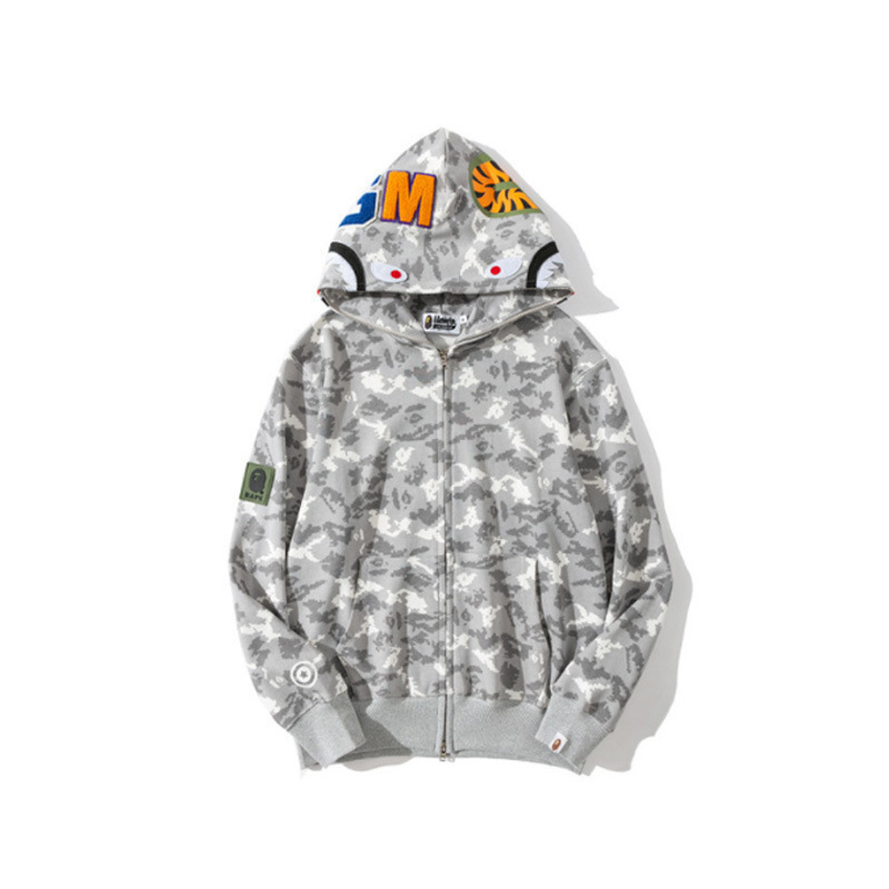 2025 [健康布] 3D デジタル印刷 Bape ブランド シャークヘッド スウェットシャツ メンズ カップル ジッパー カーディガン ベルト付き|undefined