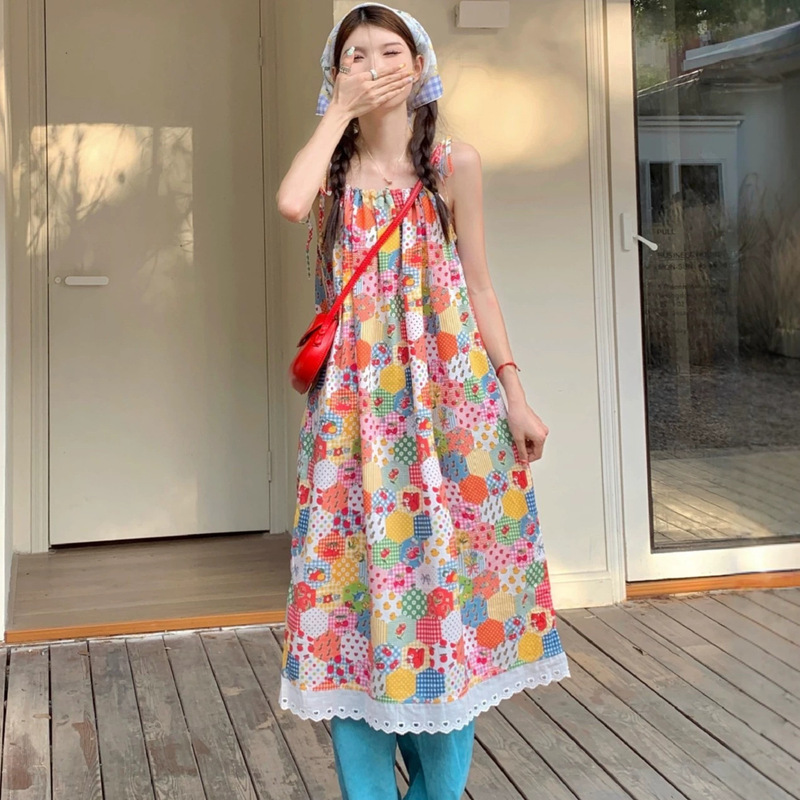 Printed Suspender Loose-Fitting Girly Style Summer New Dress for Women, Sweet Lace-Up Super Pretty Lace A-Line Long Dress
