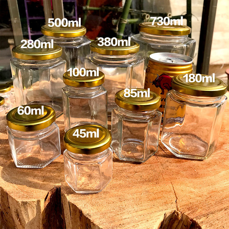 批发380ml蜂蜜酱菜瓶手工分装瓶带盖透明玻璃瓶六棱玻璃瓶密封罐