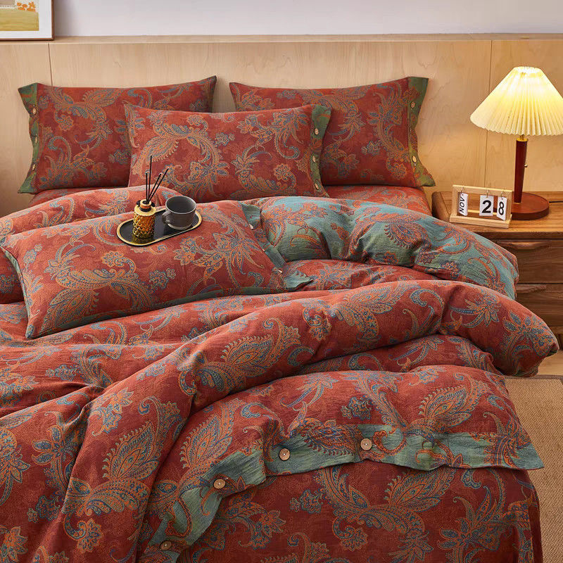 Pfaff Pure Cotton Yarn-Dyed Double-Layer Yarn Four-Piece Quilt Cover Bedding Jacquard Quilt Cover Bed Sheets Pillowcase Single Fitted Bed Sheets